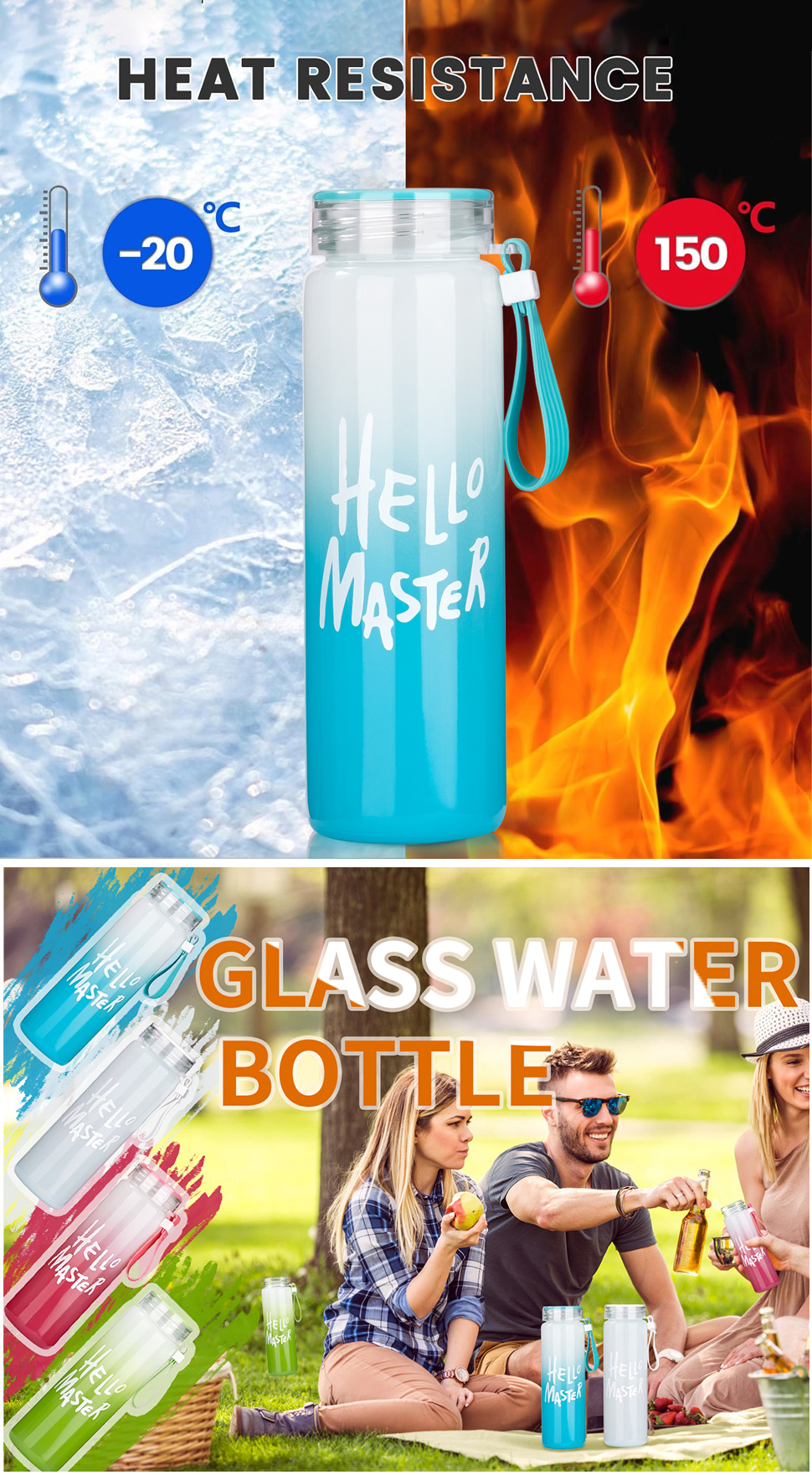 JIANMEI Hello Master Cartoon Water Glass Bottle