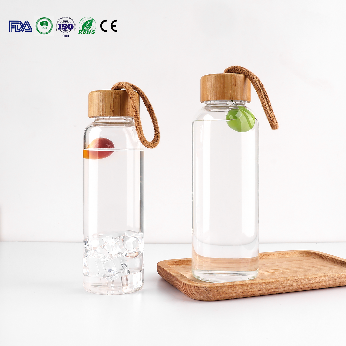 JM041 Factory 500ml Borosilicate Glass Water Bottle With Wooden Lid