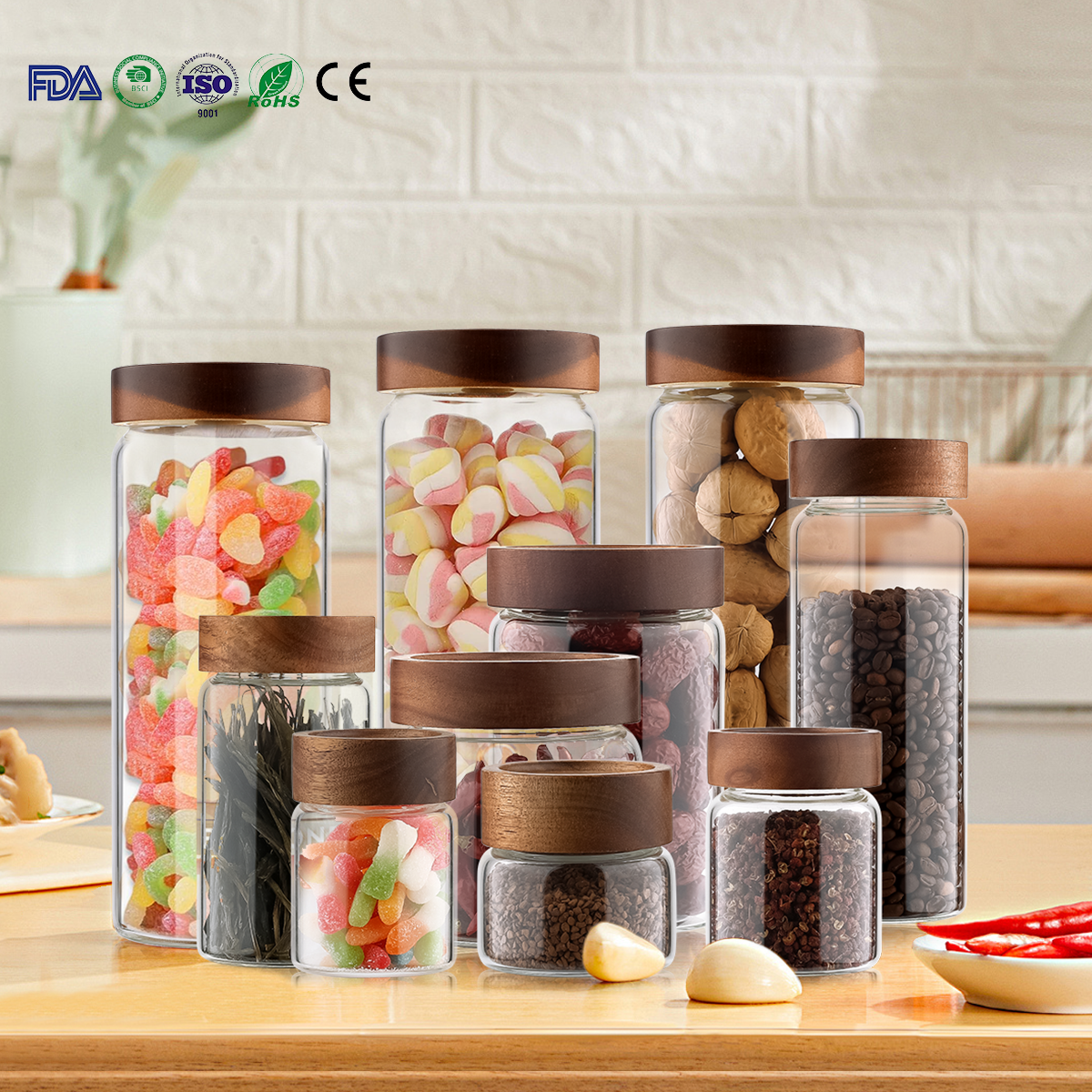JM050 Wholesale Borosilicate Food Storage Glass Jars With Wooden Lid Supplier