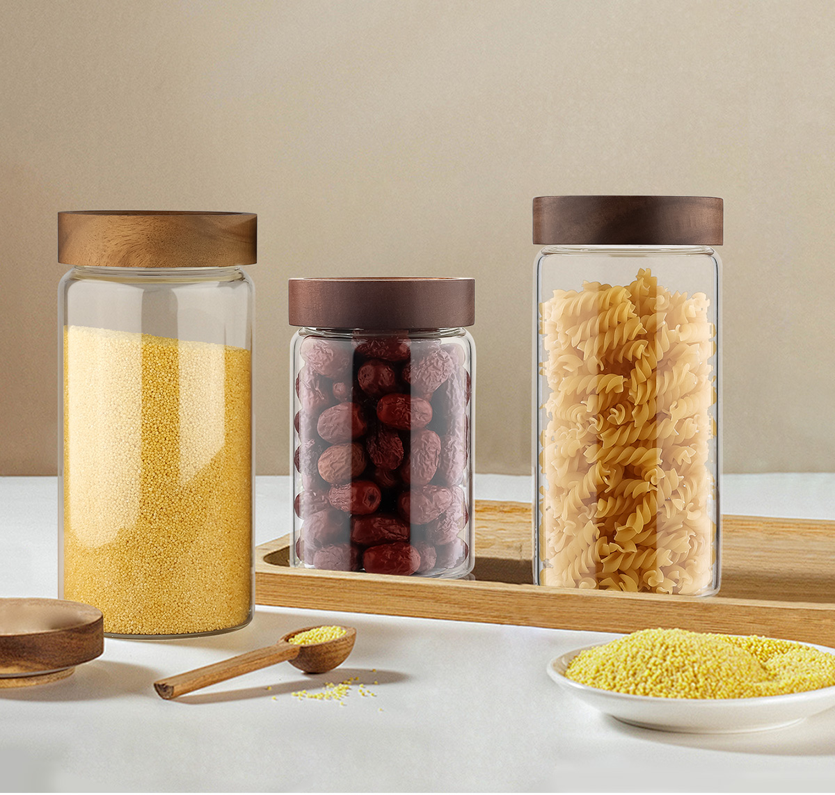 JM050 Wholesale Borosilicate Food Storage Glass Jars With Wooden Lid Supplier